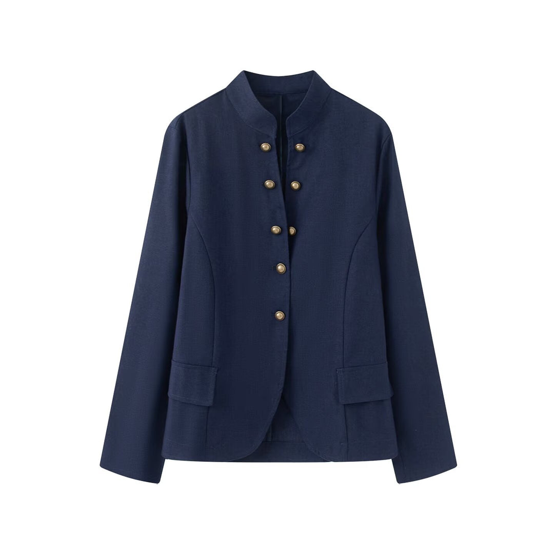 Women Tailored Stand Collar Blazer with Decorative Metal Buttons Amarae
