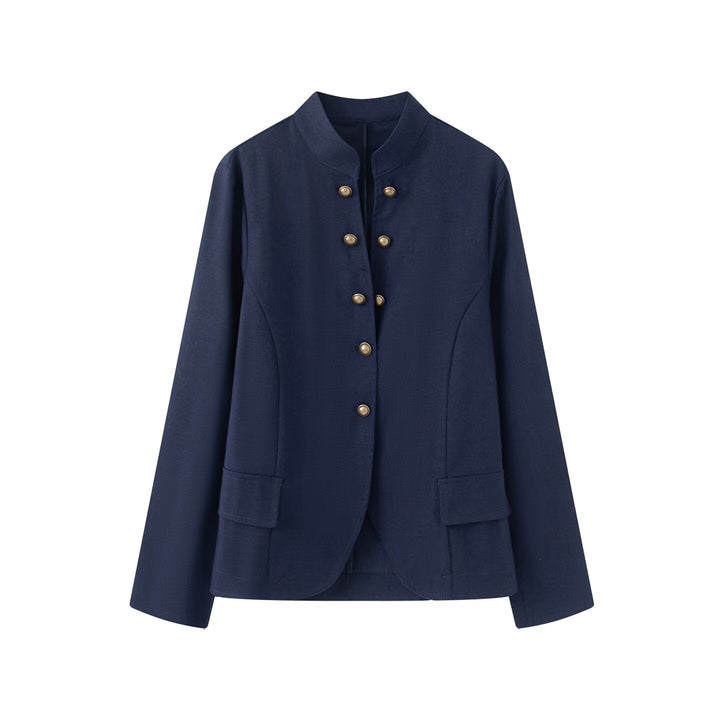 Women Tailored Stand Collar Blazer with Decorative Metal Buttons Amarae