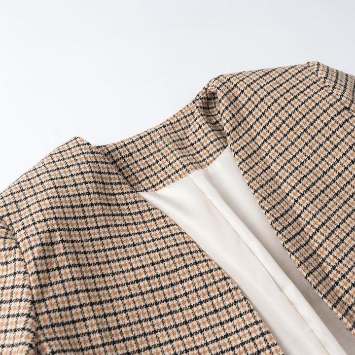 Ladies Two-Piece Tweed Ensemble with Collarless Cropped Blazer and A-Line Mini Skirt Amarae