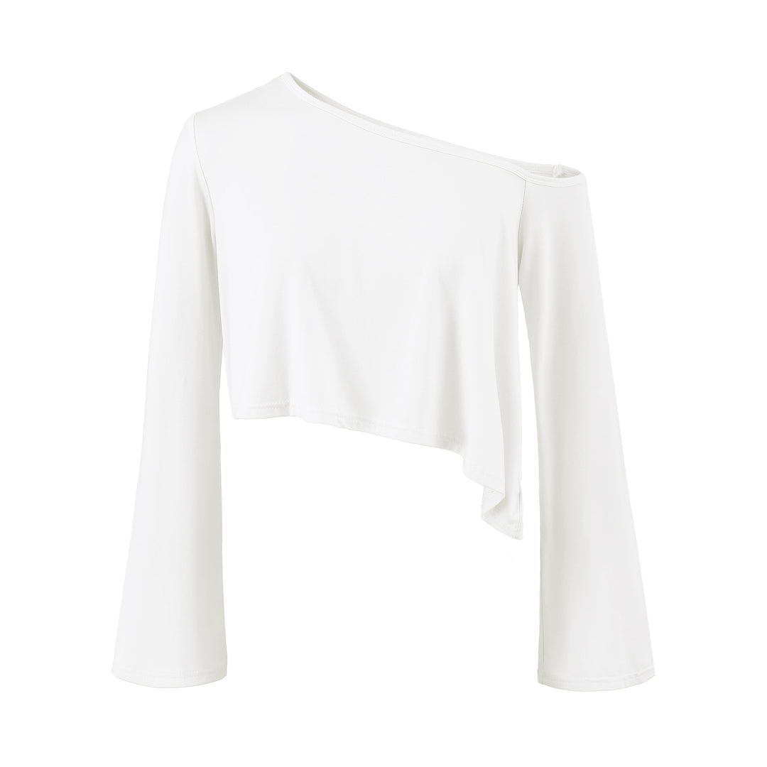 Ladies One-Shoulder Crop Top with Asymmetric Hem and Flared Sleeves Amarae