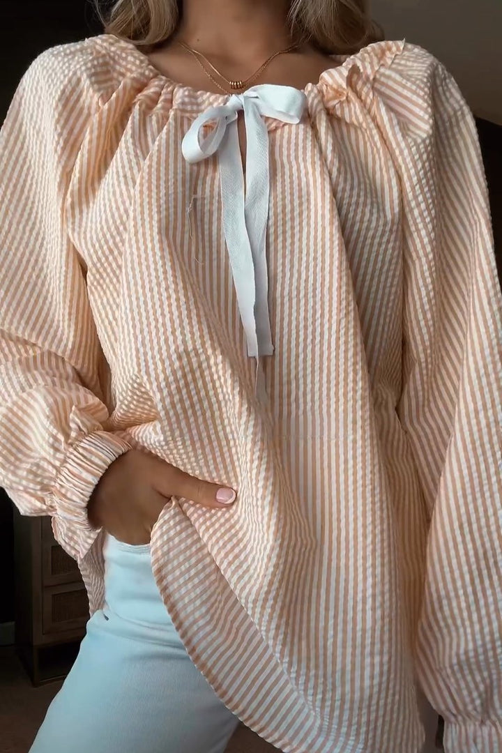 Ladies' blouse with elastic neckline and bow tie Lune London