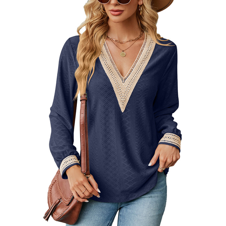 Long sleeve blouse shirt for women with decorative V-neck and crochet elements Lune London
