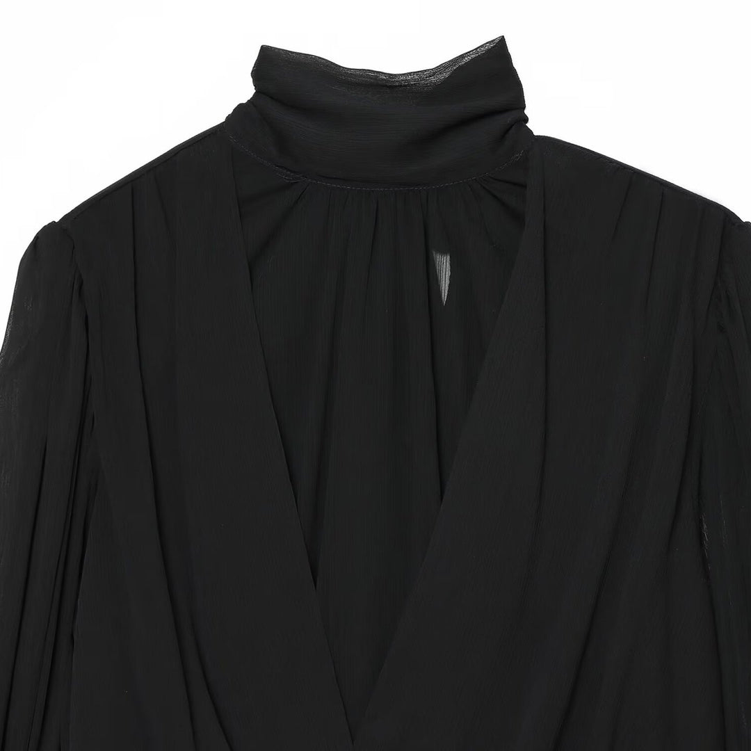 Women's chiffon blouse with tie, standing collar, and gathered balloon sleeves Amarae