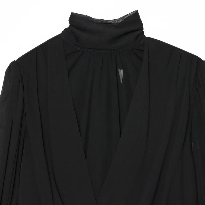 Women's chiffon blouse with tie, standing collar, and gathered balloon sleeves Amarae