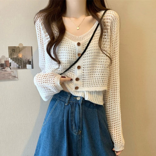 Ladies casual knit cardigan with mesh pattern and button closure Amarae