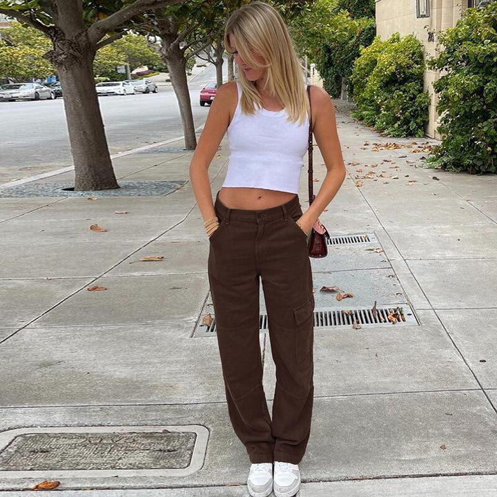 Ladies High-Waisted Relaxed Cargo Pants with Wide Leg and Knee Pleats Amarae