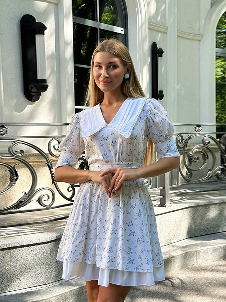 Ladies Romantic Mini Dress with Oversized V-Neck, Ruching and Floral Print Amarae