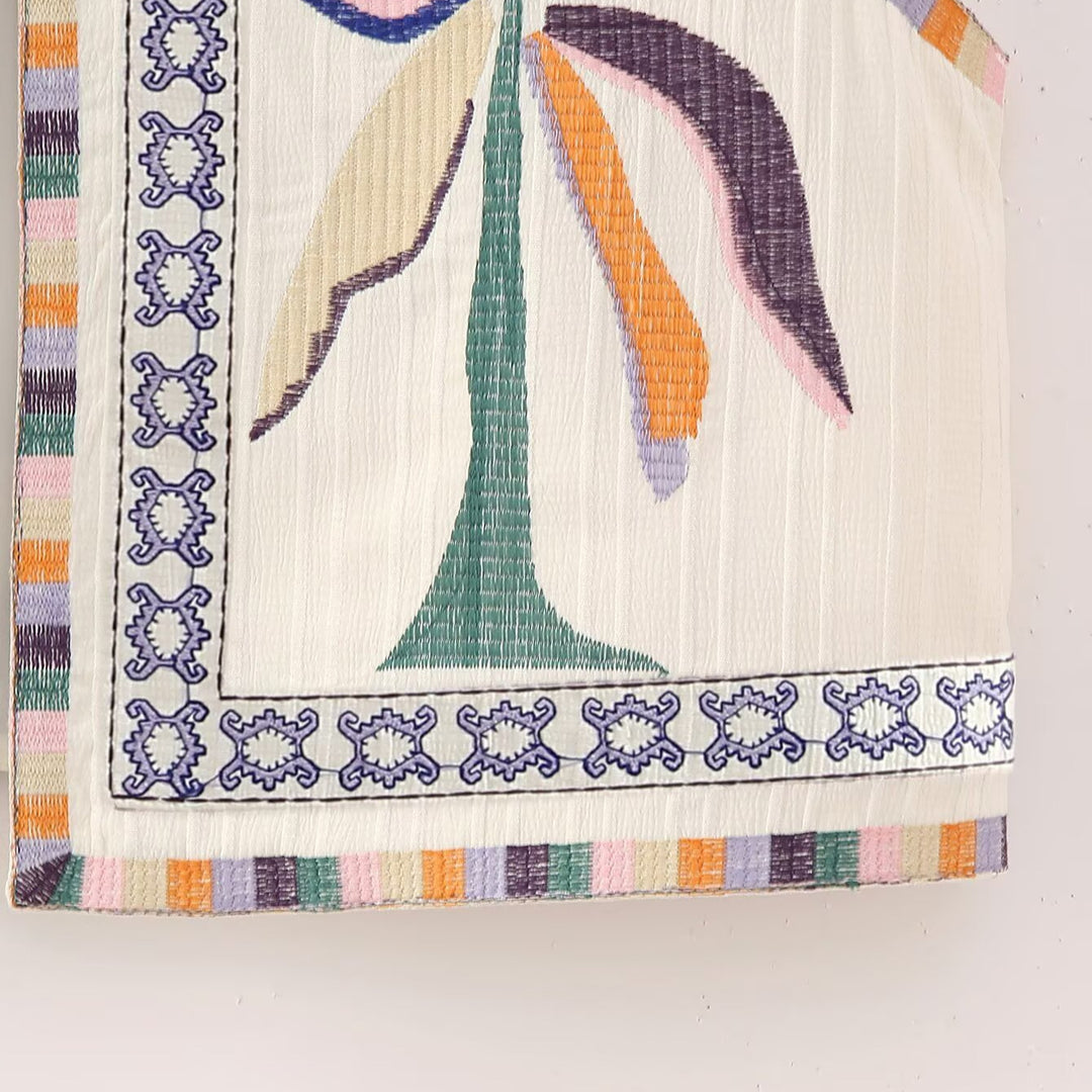 Ladies embroidered sleeveless Boho vest with folkloric motifs and open front Amarae