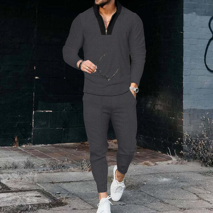 Elegant and sporty men's leisure outfit with modern high collar and zipper Lune London