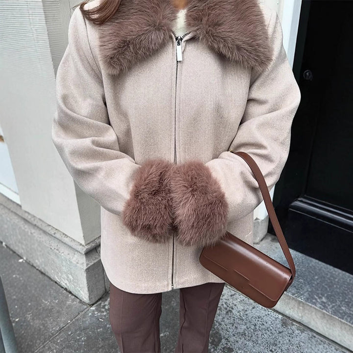 Women's elegant short coat made of wool blend with detachable woven fur collar and concealed two-way zipper Amarae