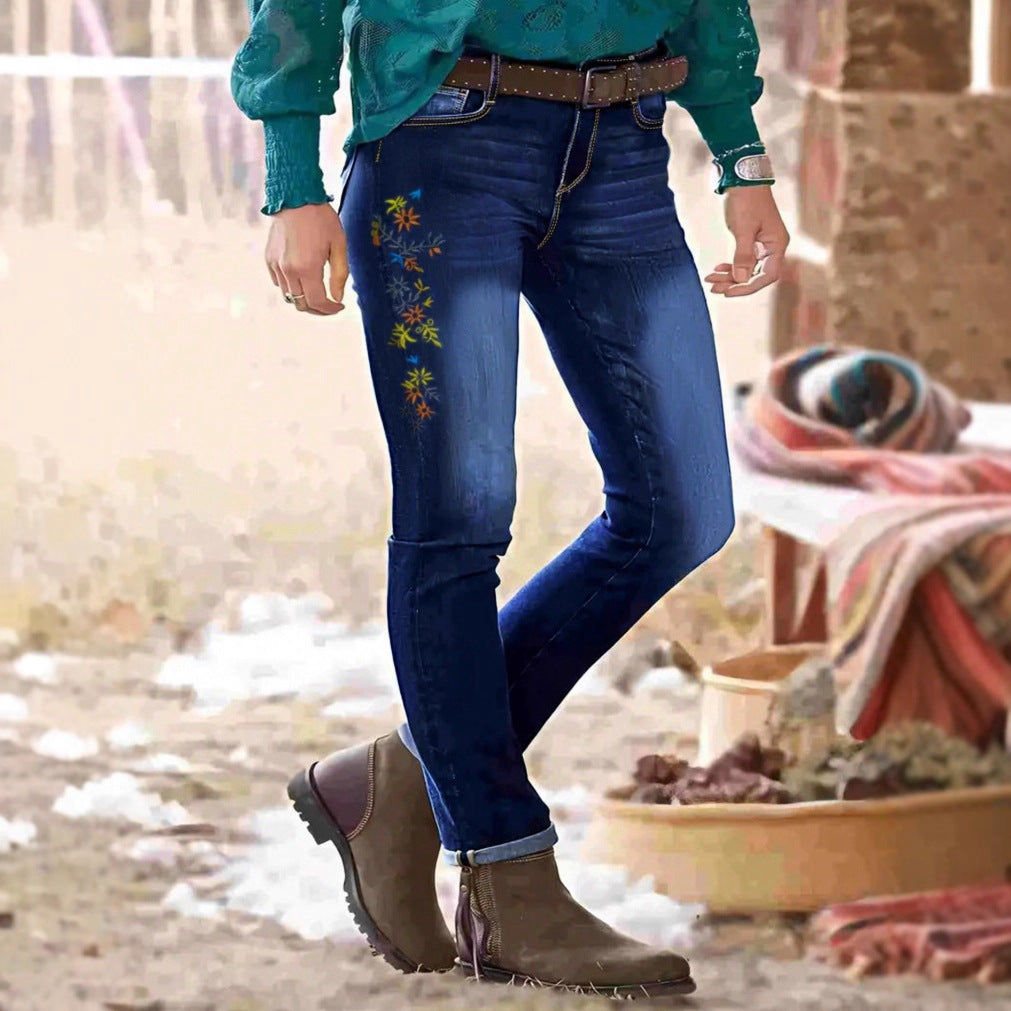 Women High-Waisted Skinny Jeans with Side Flower Embroidery Amarae