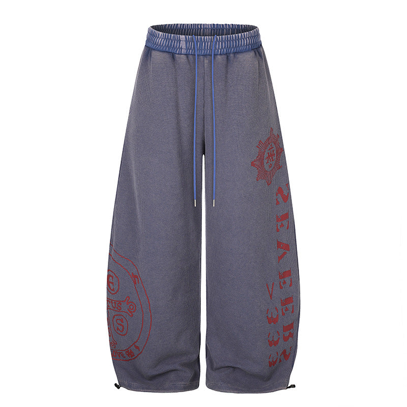 Women's Wide Mid-Calf Palazzo Sweatpants with Adjustable Hem, Drawstring Waistband, and Statement Print