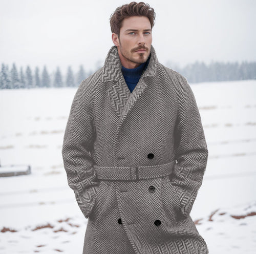 Elegant wool coat for men with belt in a classic houndstooth pattern Amarae