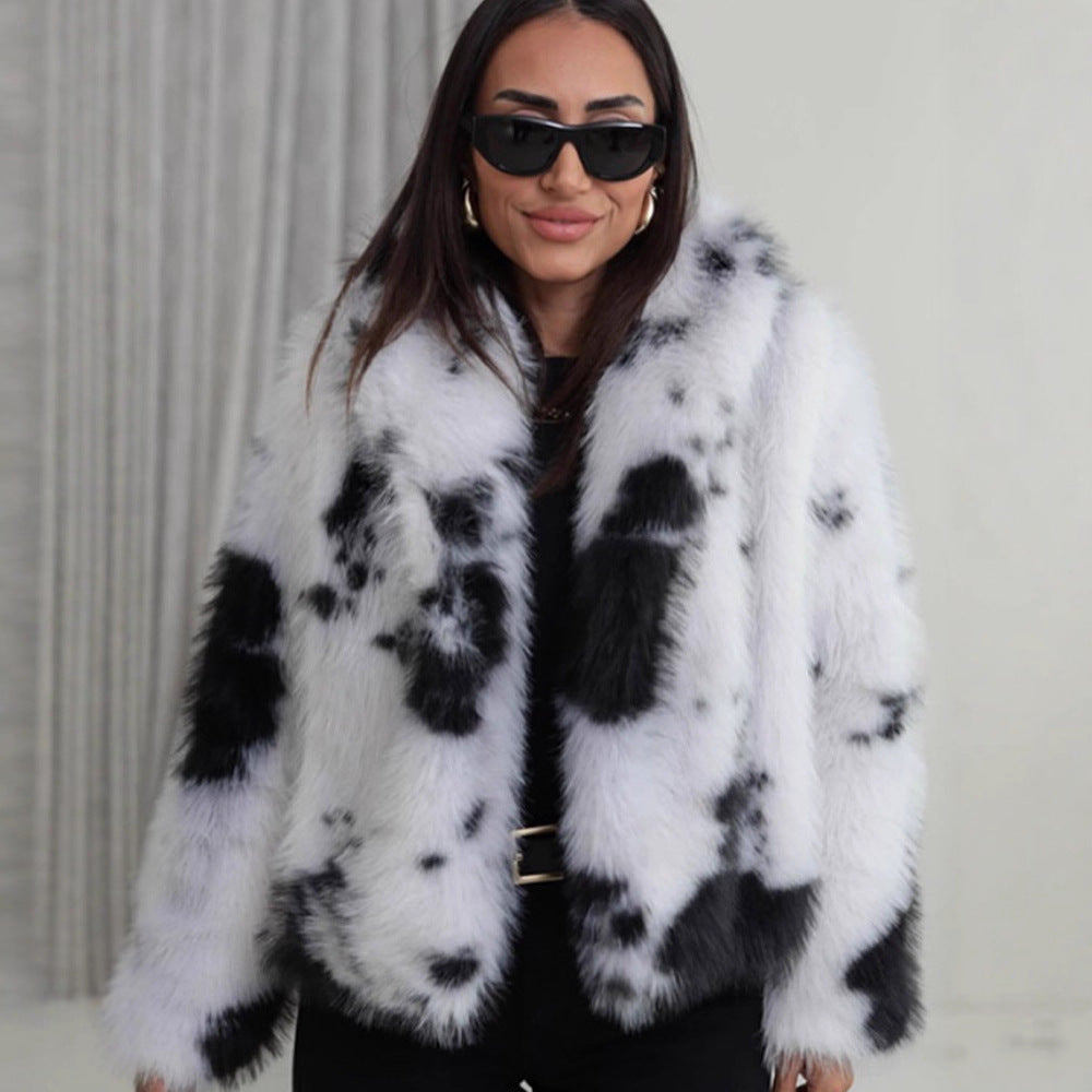 Women's Short Cut Faux Fur Bomber with Spot Pattern Amarae