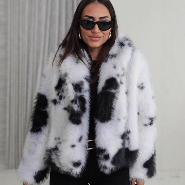 Women's Short Cut Faux Fur Bomber with Spot Pattern Amarae
