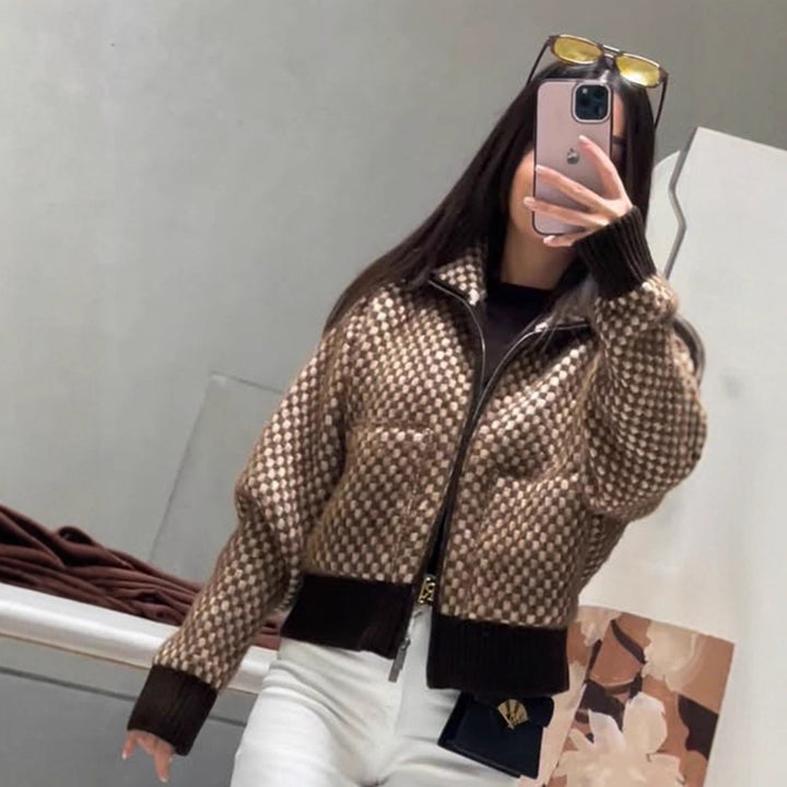 Women's Short-Cut Knit Zip Cardigan with Hood and Textured Pattern Amarae