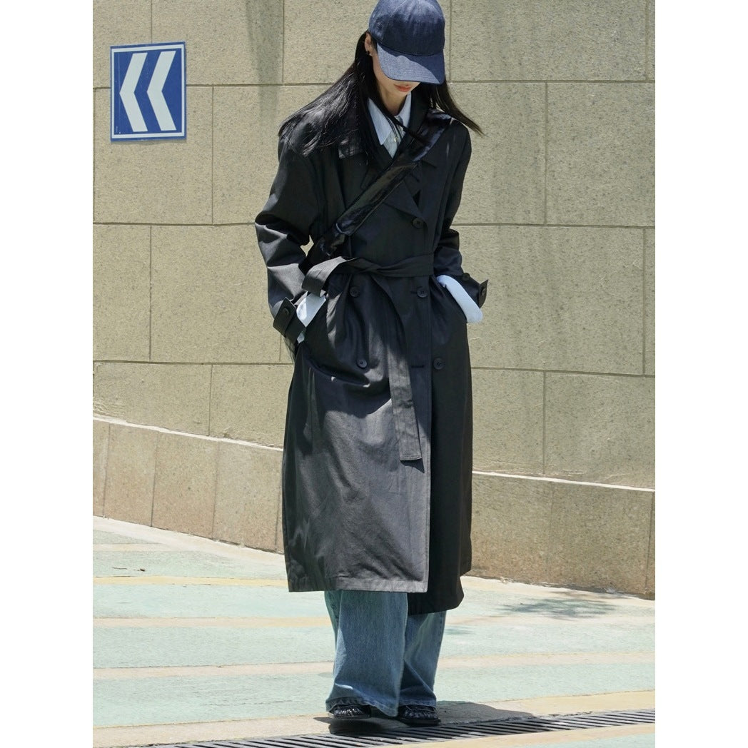Women’s Long Oversize Trench Coat made of Cotton Blend with Lapel Collar and Waist Belt Amarae
