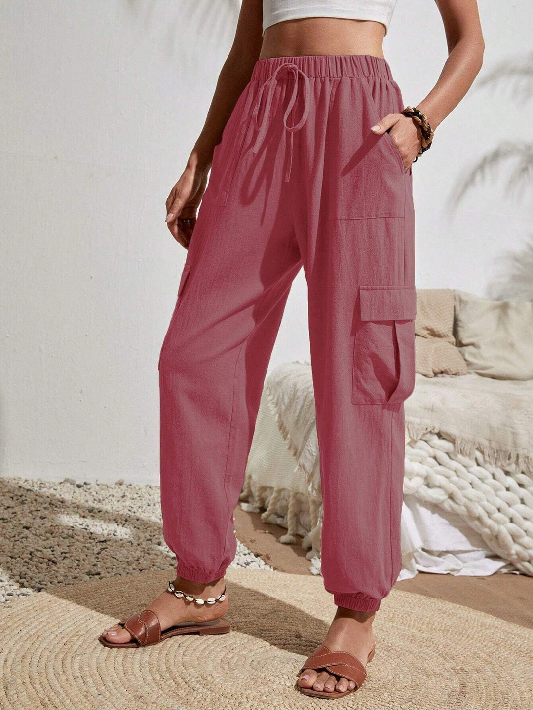 Women's Lightweight Cargo Jogging Pants with Drawstring, Elastic Waistband and Elastic Cuffs Amarae