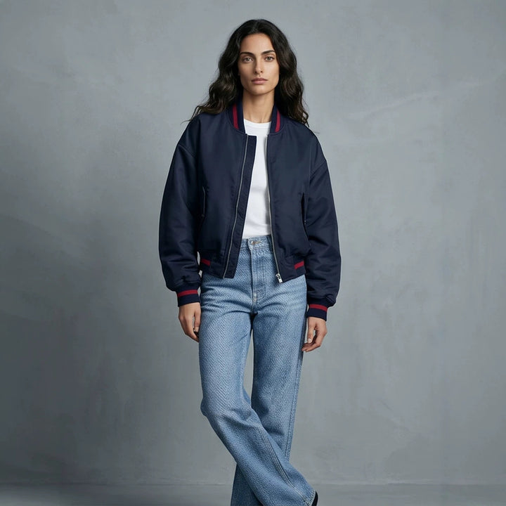 Women's Short Cut Oversized Bomber Jacket with Voluminous Sleeves and Ribbed Cuffs Amarae
