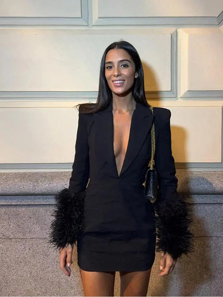 Sexy mini dress for women with deep V-neck and glamorous feather sleeves Lune London