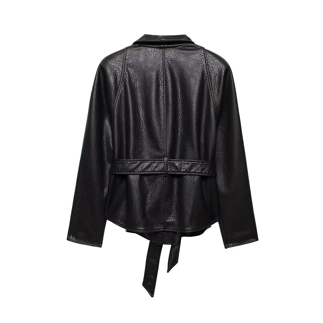 Women Short Jacket in Leather Look with Shawl Collar and Waist Tie Belt Amarae
