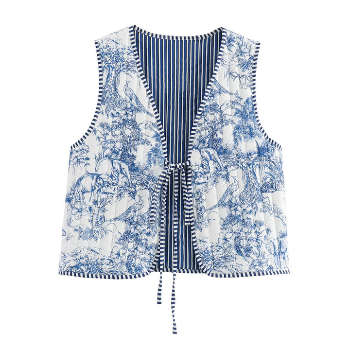 Women Quilted Vest with Romantic Toile Print, Striped Interior and Tie Ribbon Amarae