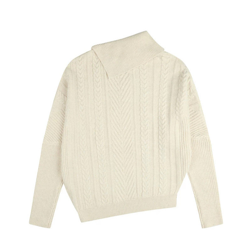 Women's asymmetrical cable knit sweater with diagonal turtleneck and oversized fit Amarae