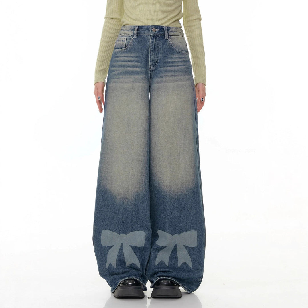 Women's Wide Denim Pants with Exciting Bow Details Lune London