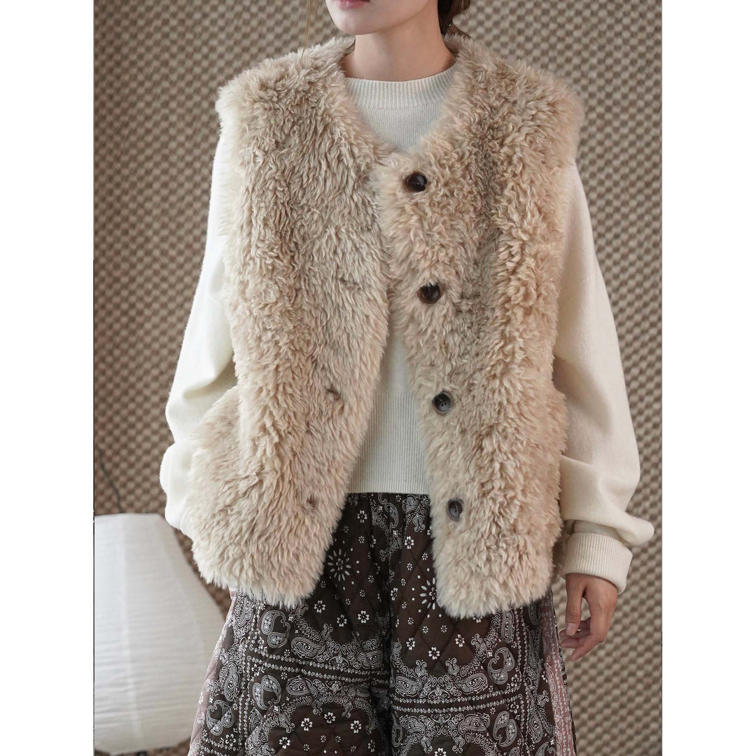 Women's Fluffy Teddy Vest with Button Closure and Round Neckline Amarae
