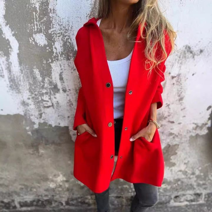 Women's Midi Length Oversized Coat made of Wool Blend with Clear Button Placket and Minimalist Lapels Amarae