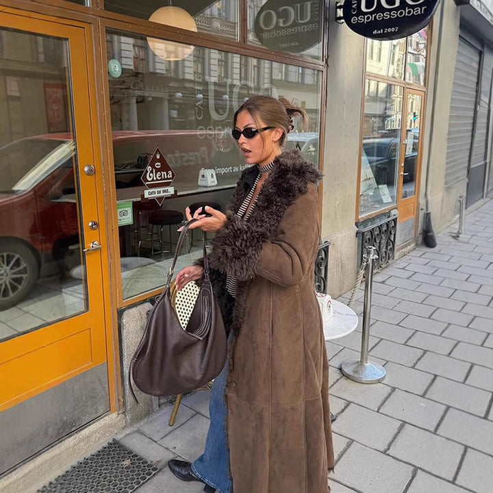 Women's Maxi-Length Faux Velvet Coat in Shearling Style with Shawl Collar and Button Placket Amarae