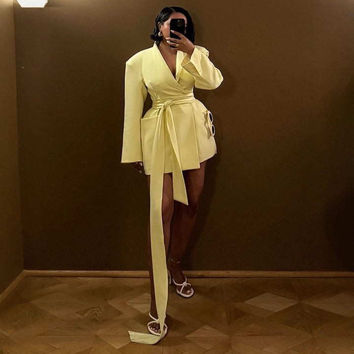 Women's Tailored Blazer Dress with Draped Tie Belt and Structured Shoulders Amarae