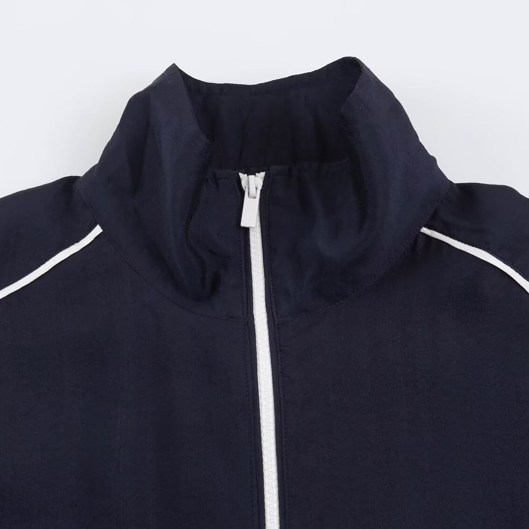Women's Cropped Windbreaker Jacket with High Funnel Collar, Contrast Piping, and Elastic Hem