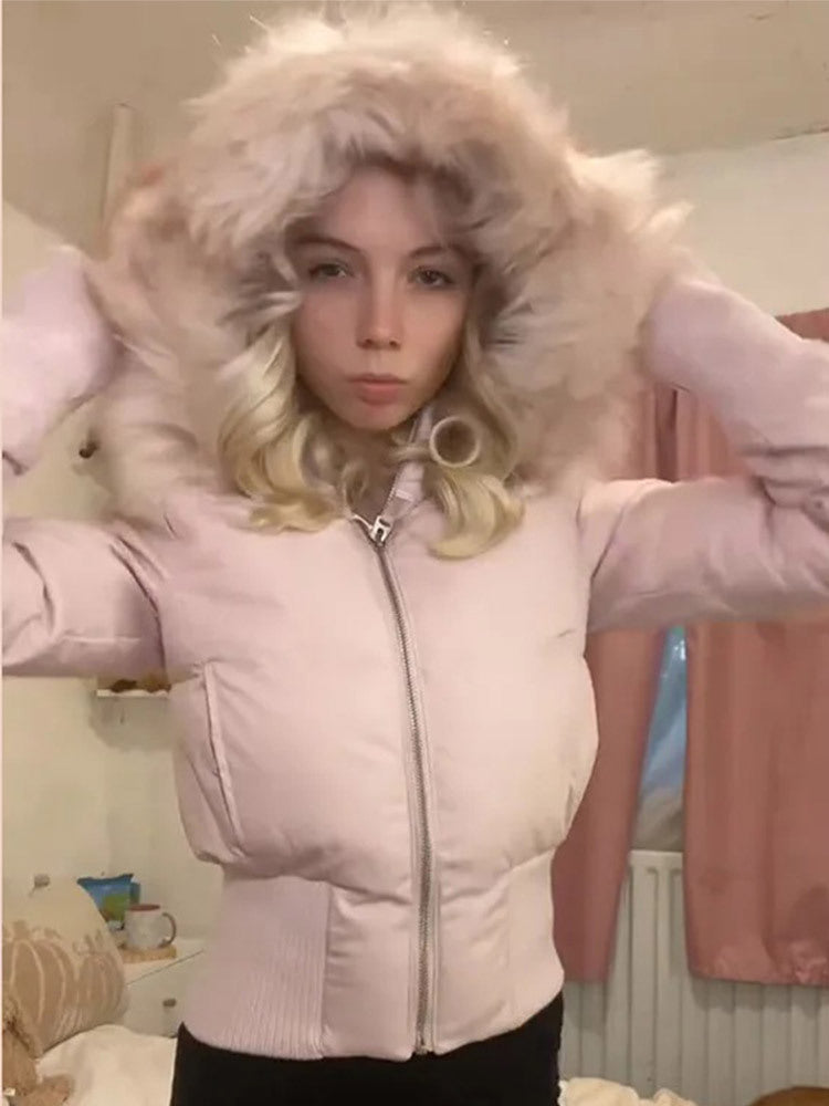 Ladies short quilted bomber style jacket with detachable faux fur hood Amarae