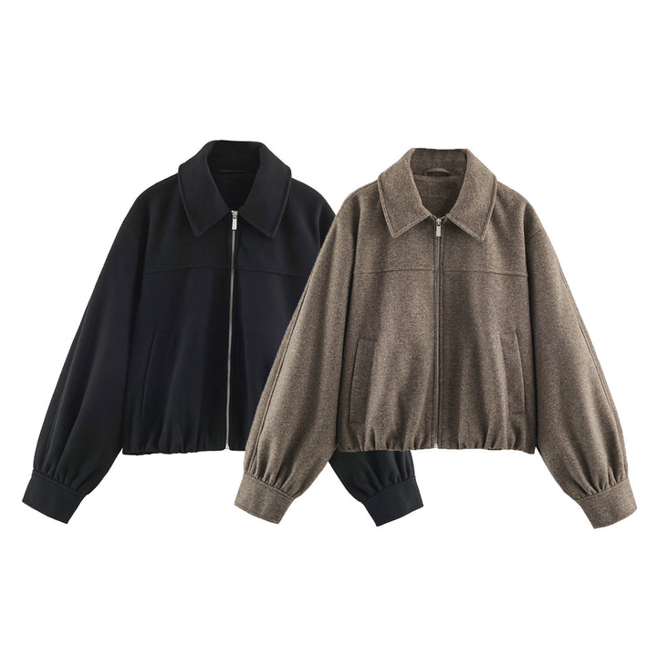 Women’s short jacket with balloon sleeves, wide shirt collar, and elastic hem Amarae