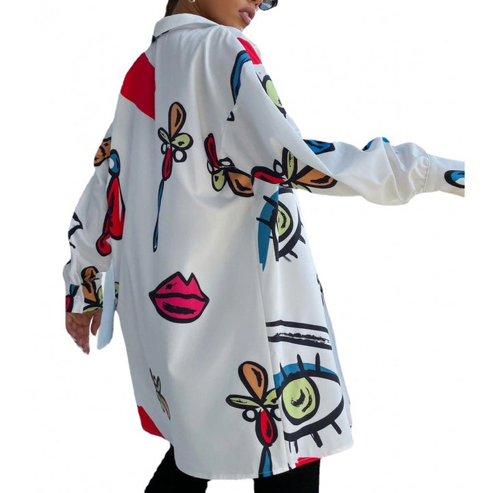 Women's Oversized Long Blouse with Pop Art Print, Shirt Collar and Continuous Button Placket Amarae
