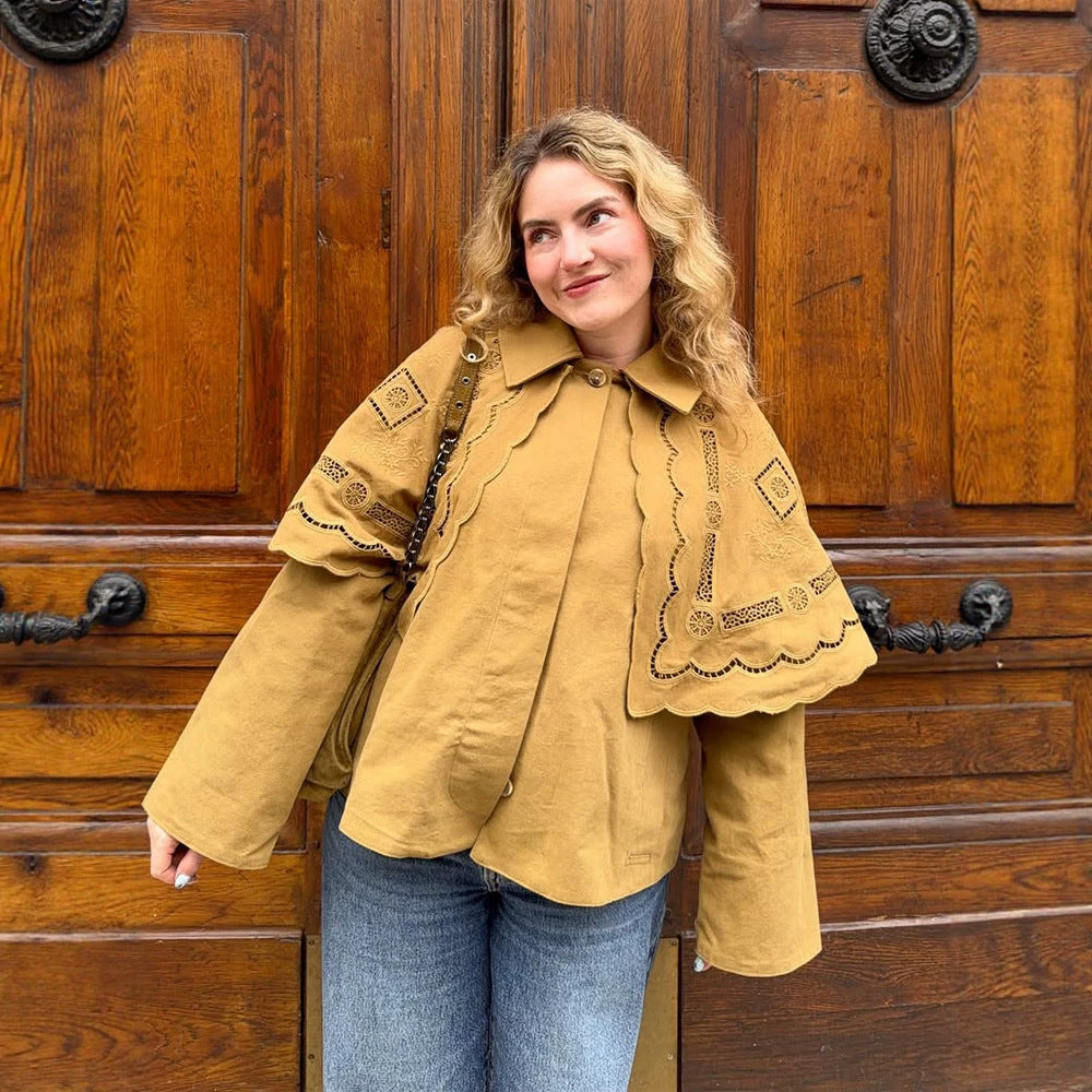 Women's short jacket with embroidered cape, eyelet embroidery and curved hem Amarae