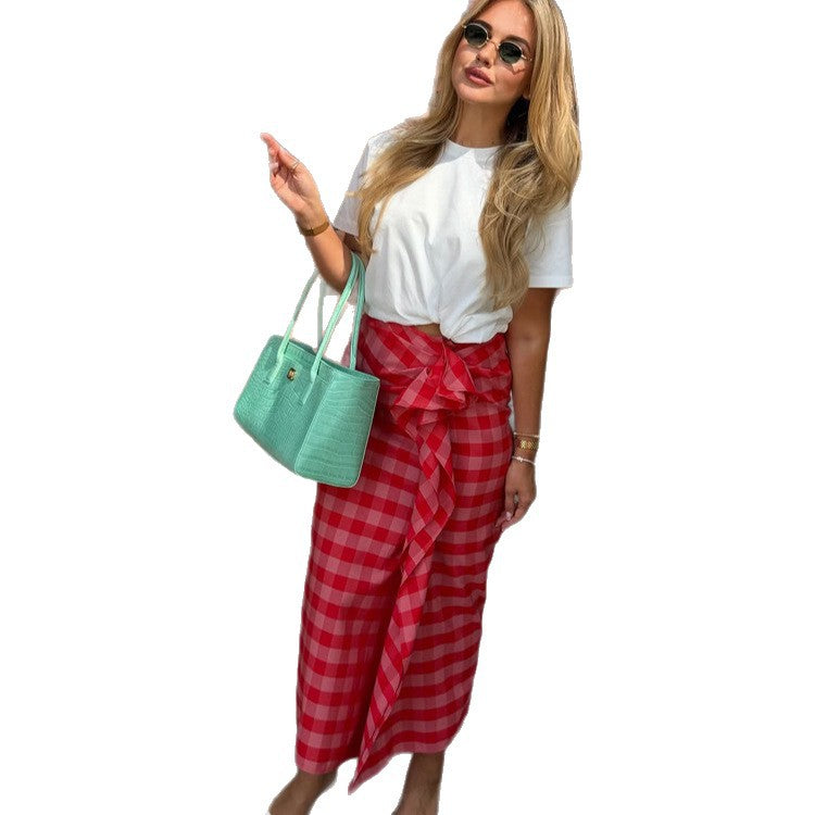 Women's maxi skirt with Vichy check, side ruffle gathering & wrap look Amarae