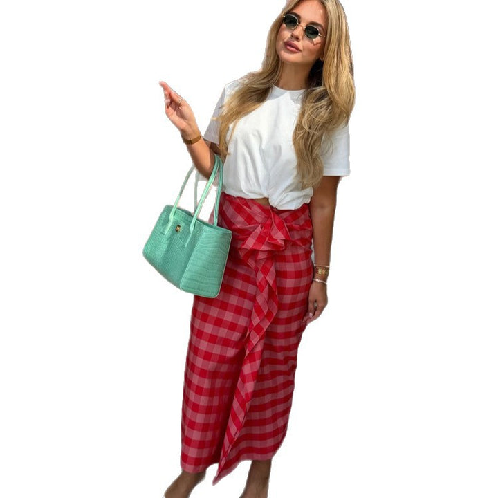 Women's maxi skirt with Vichy check, side ruffle gathering & wrap look Amarae