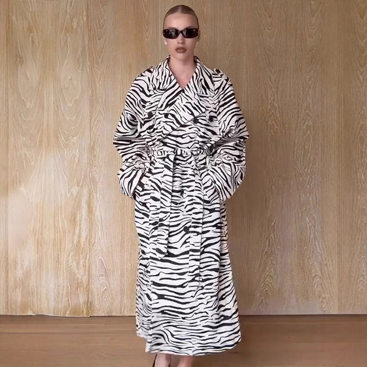 Women's Maxilength Trench Coat in Animal Print with Voluminous Shawl Collar, Tied Belt and Boxy Silhouette Amarae