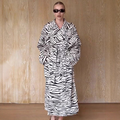 Women's Maxilength Trench Coat in Animal Print with Voluminous Shawl Collar, Tied Belt and Boxy Silhouette Amarae