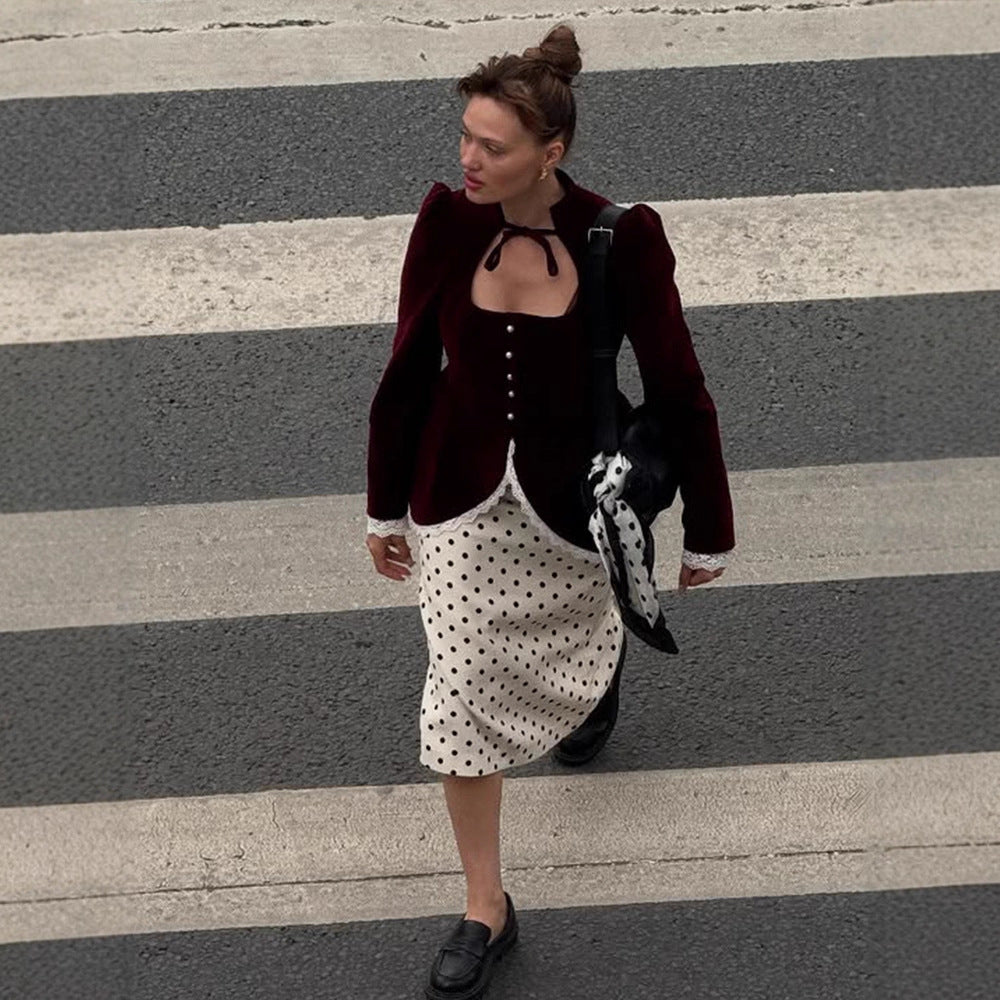 Women's tailored velvet blazer dress with heart neckline, pearl buttons, and lace trim Amarae