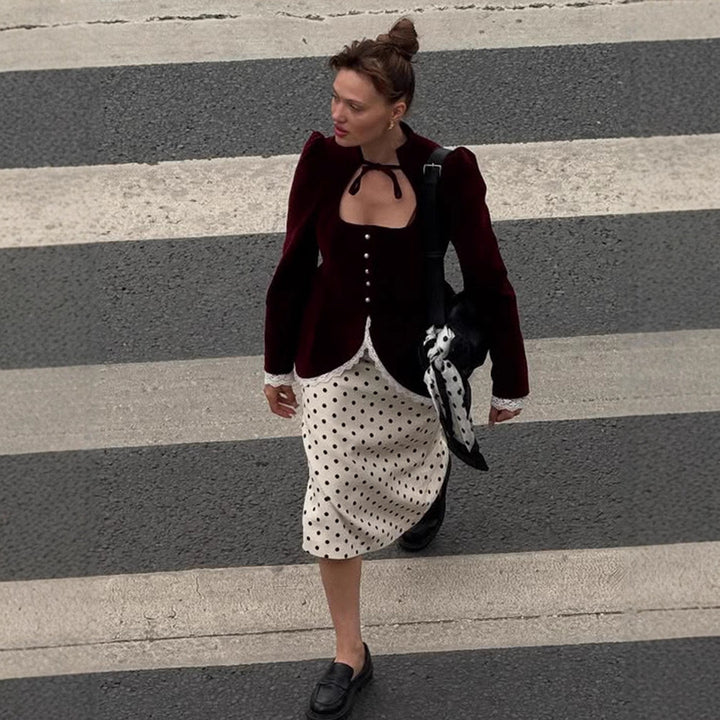 Women's tailored velvet blazer dress with heart neckline, pearl buttons, and lace trim Amarae