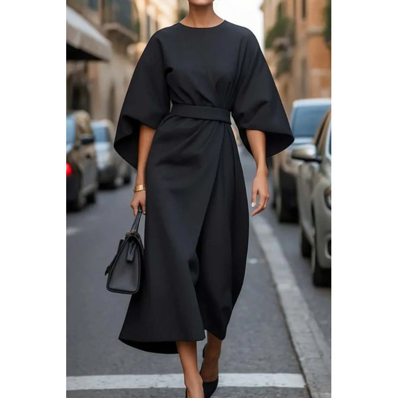 Ladies Elegant Midi Dress with Wide Kimono Sleeves and Fitted Wrap Waist Amarae