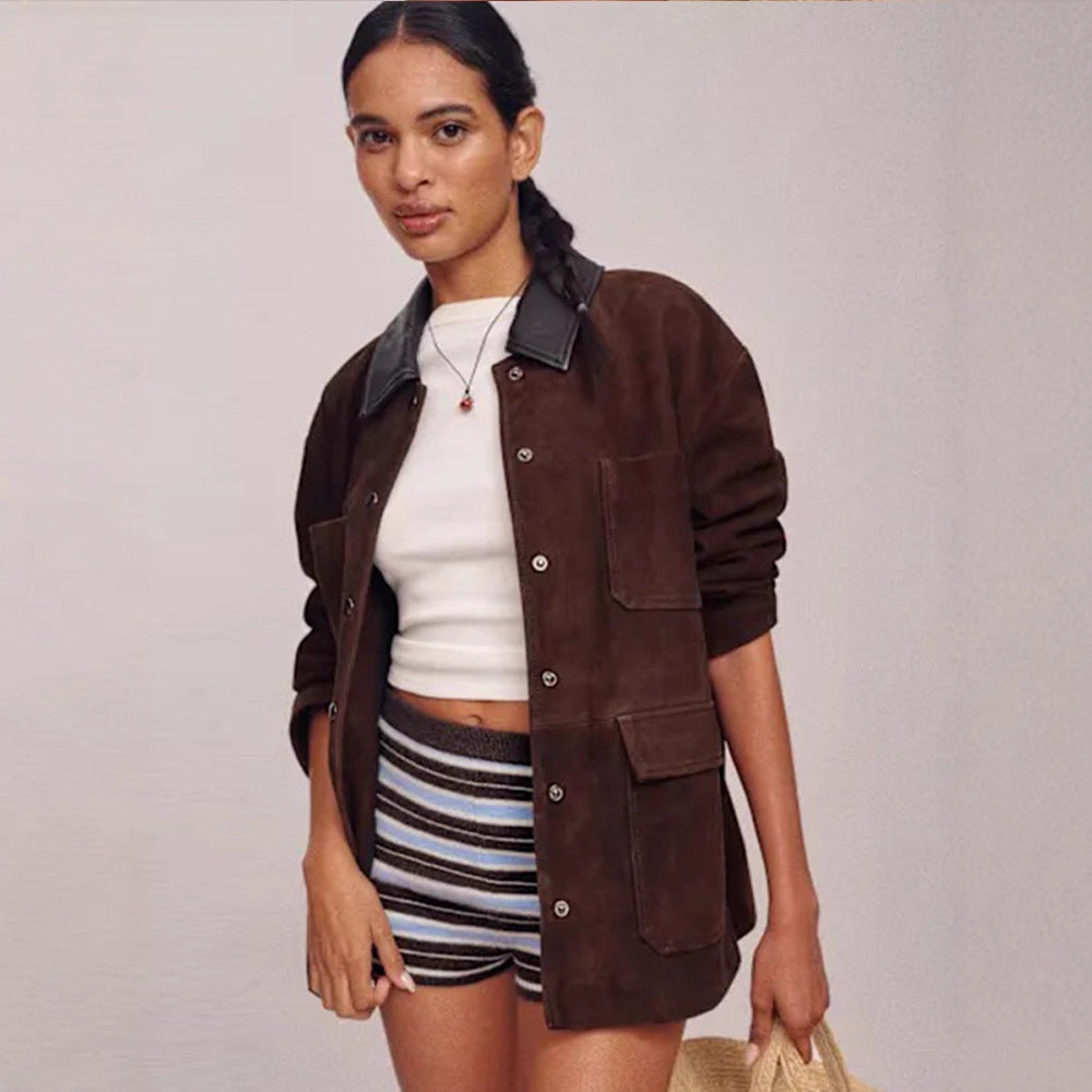 Women's Oversized Utility Jacket in Suede Look with Contrast Collar & Patch Pockets Amarae