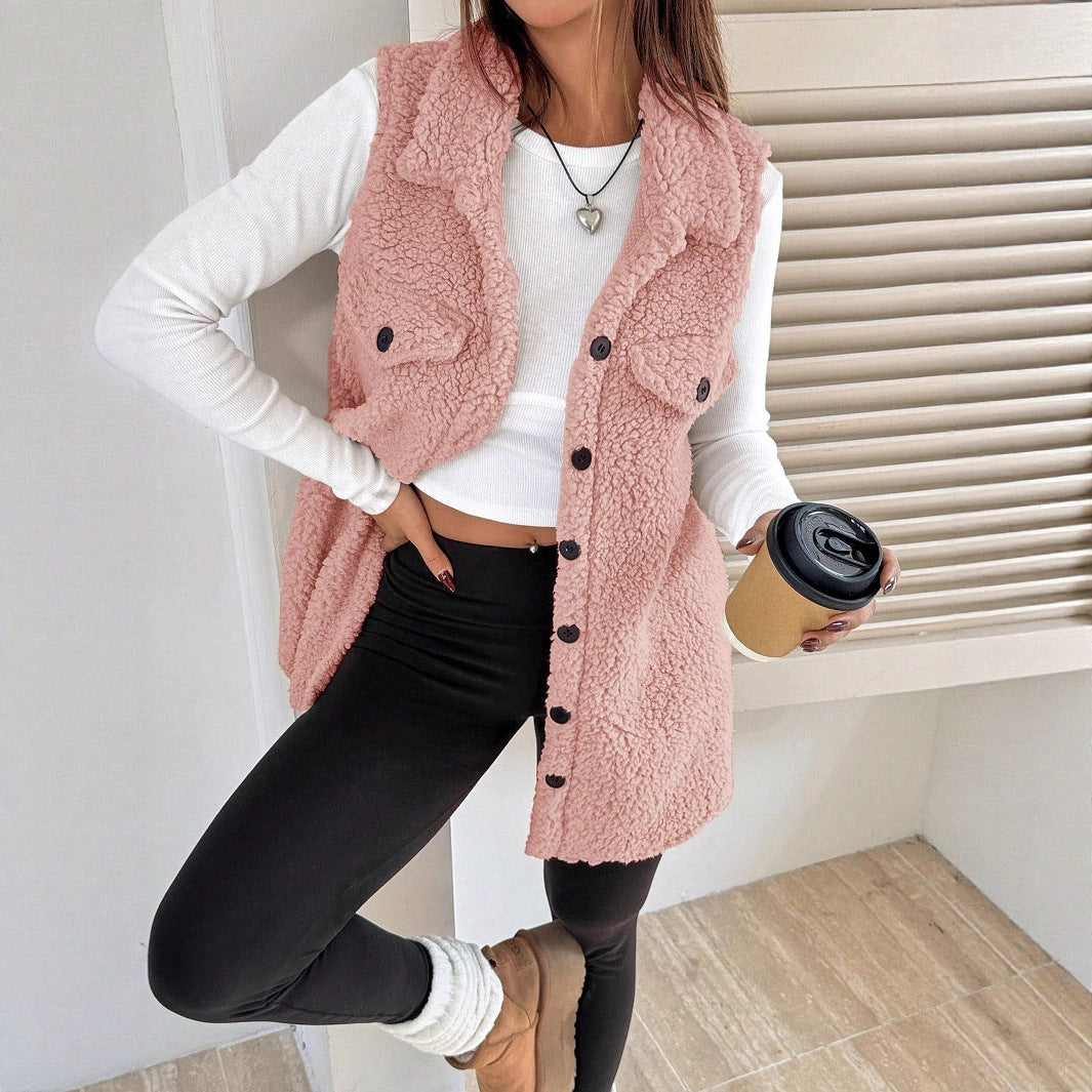 Women Plush Gilet with Large Pockets and Elegant Collar Lune London