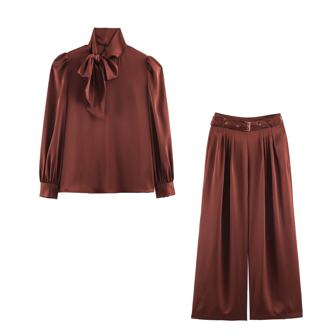 Ladies Two-Piece Satin Set with Bow Blouse and Pleated Culotte Amarae