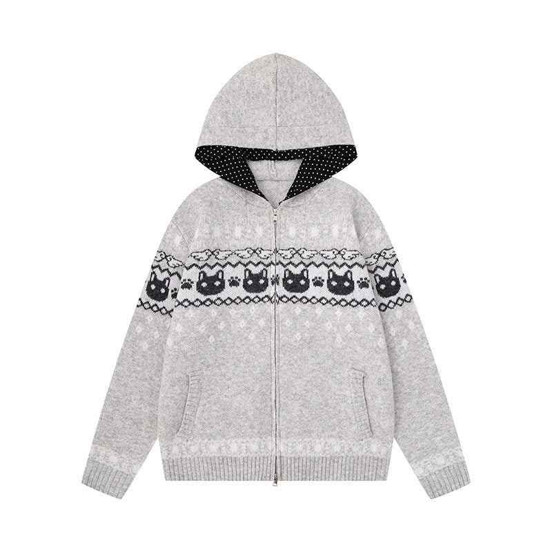 Women's Hooded Knit Jacket with Norwegian Pattern, Double Zip and Kangaroo Pockets Amarae