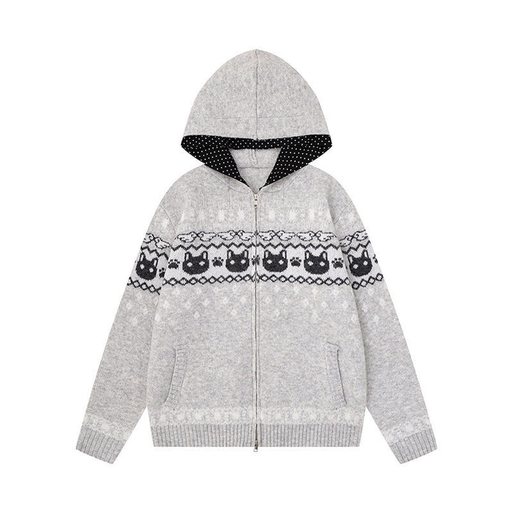 Women's Hooded Knit Jacket with Norwegian Pattern, Double Zip and Kangaroo Pockets Amarae