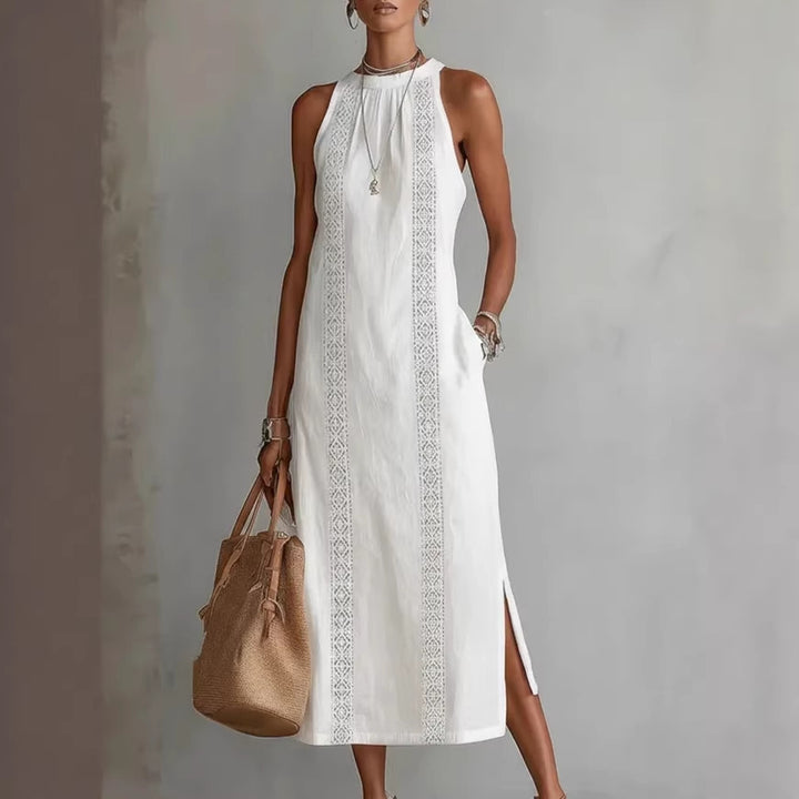 Women Elegant Summer Maxi Dress with Lace Appliqué and Side Slit Lune London